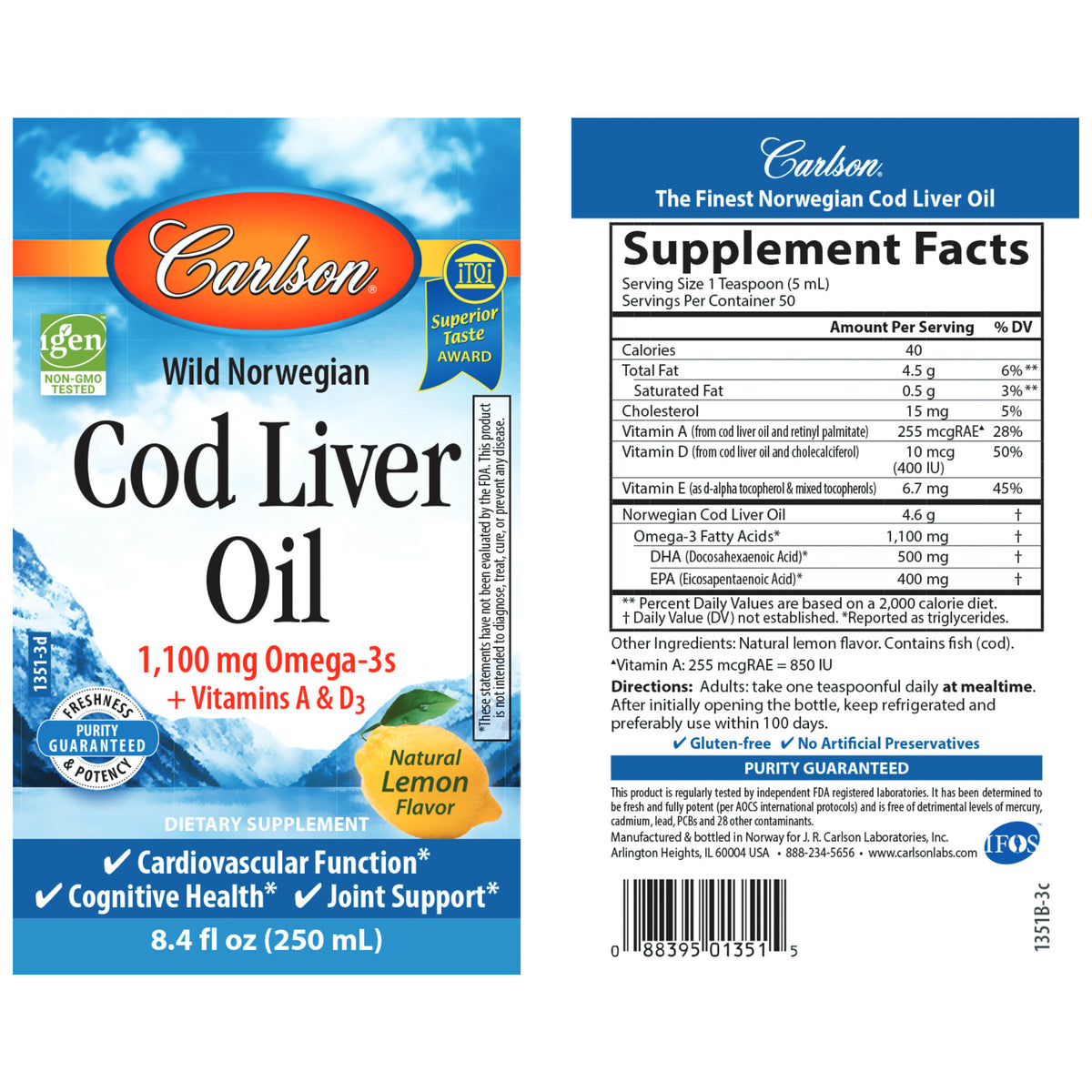Carlson Cod Liver Oil Liquid (Lightly Lemon Taste) 16.9 oz