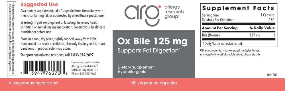 Ox Bile 125mg 180 Capsules
